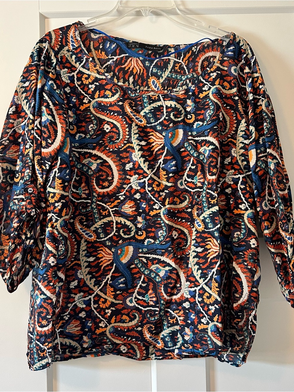 Zara XL Floral Paisley Crew Neck Top in Navy, Orange, Teal